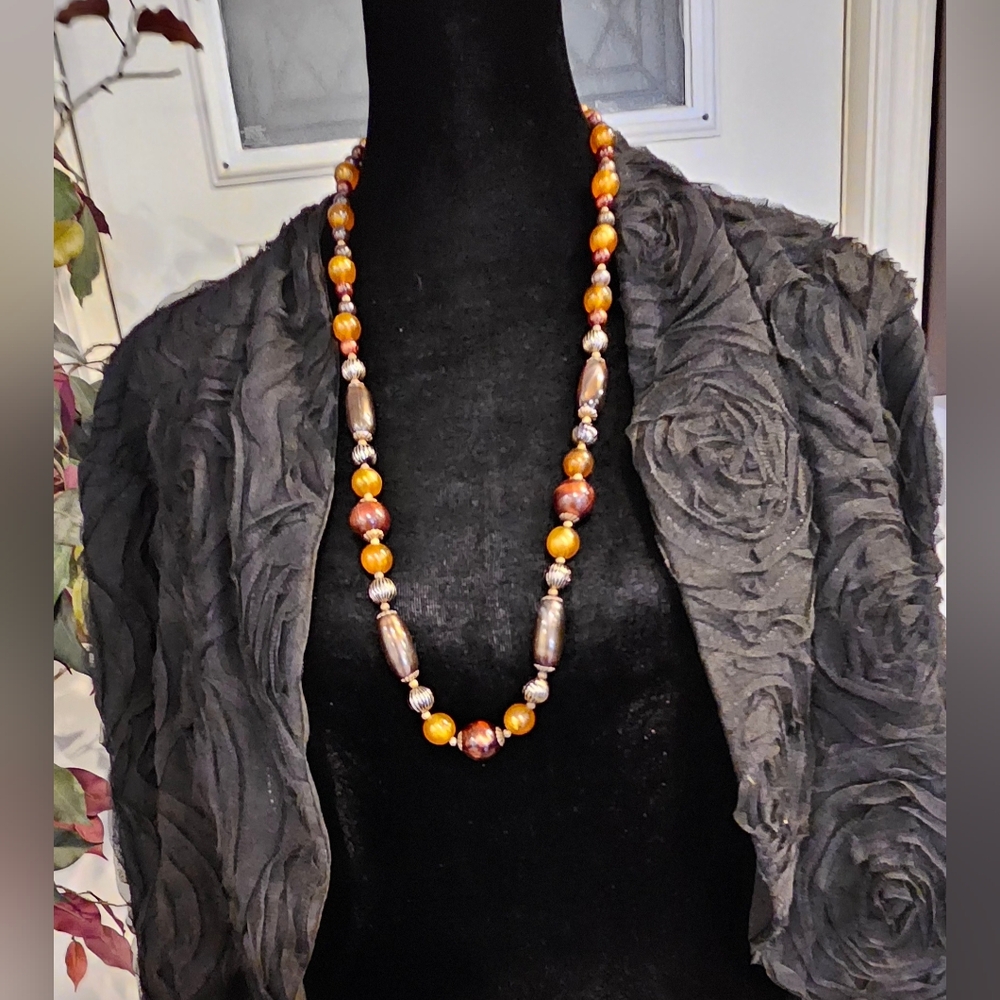 Vintage Textured Bead Bohemian Necklace - Honey Amber & Oxidized Silver Look.